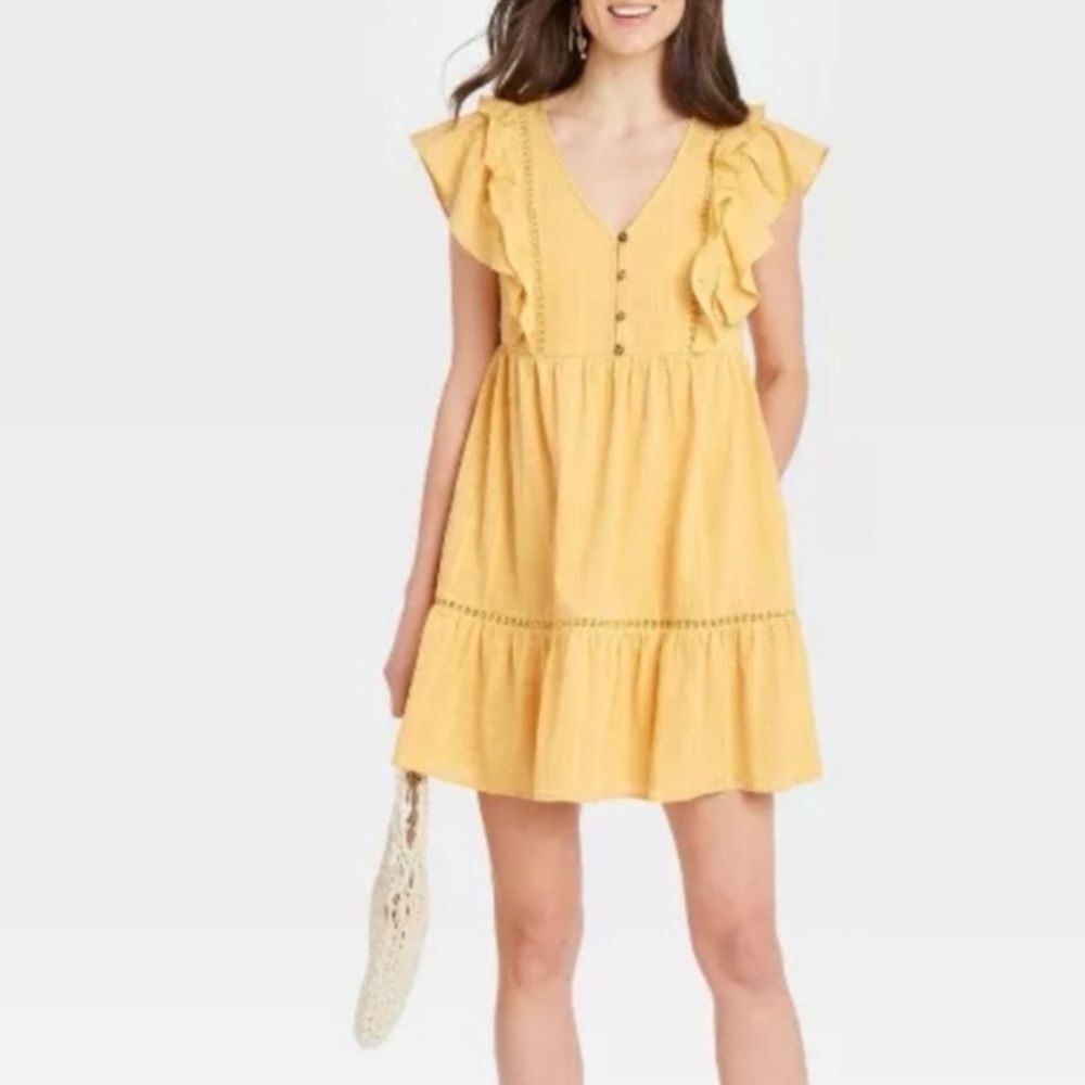 Knox Rose Yellow Flutter Sleeve Tiered V-Neck Lined Baby Doll Mini Dress Size L